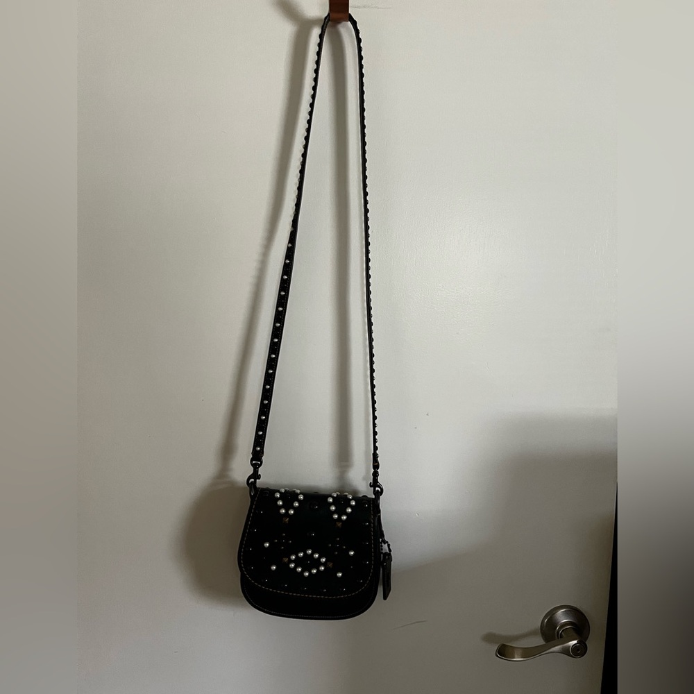 Coach VINTAGE Black Leather Crossbody Bag with Studs and‎ Pearls - Picture 2 of 16